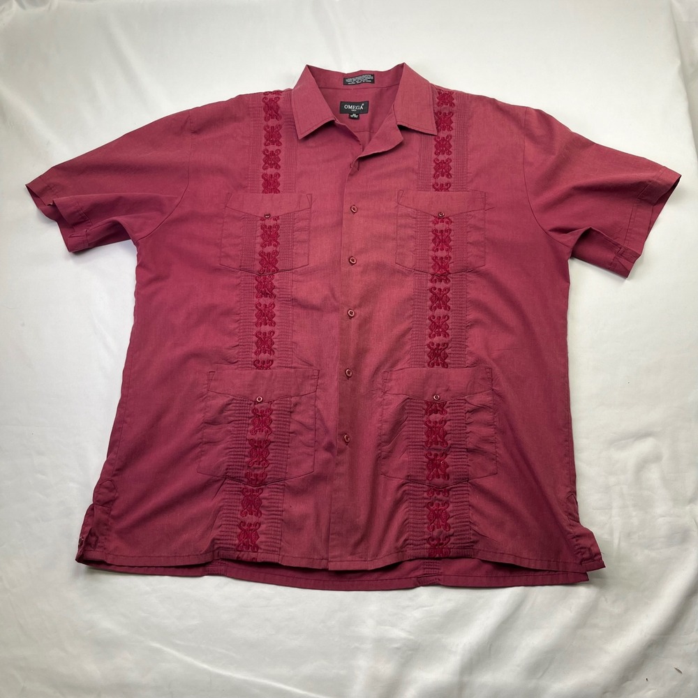 Omega Italy Mens 2X Guayabera Shirt Burgundy Short Sleeve Embroidered Pintuck
